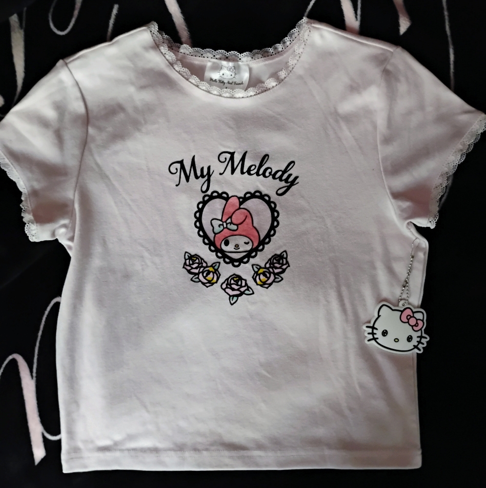 My Melody Pink Short Sleeve Baby Tee With Lace Trim • Size Medium • Brand New